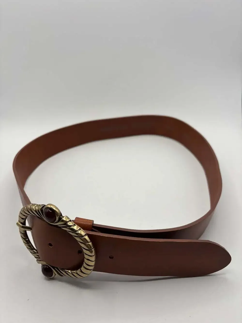 Bronzino Genuine Leather Brown Belt with Ornate Brass and Stone Buckle
